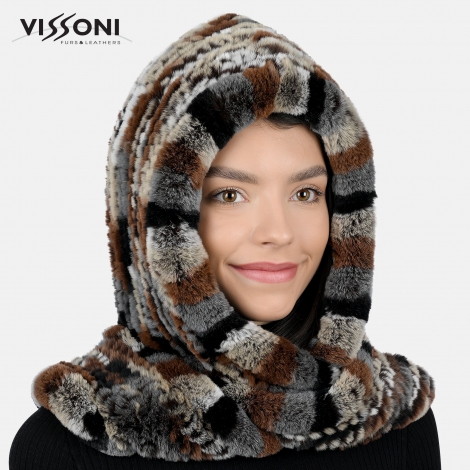 Дамска качулка-шал от естествен косъм на Rex Chinchilla - Loka (многоцветен)