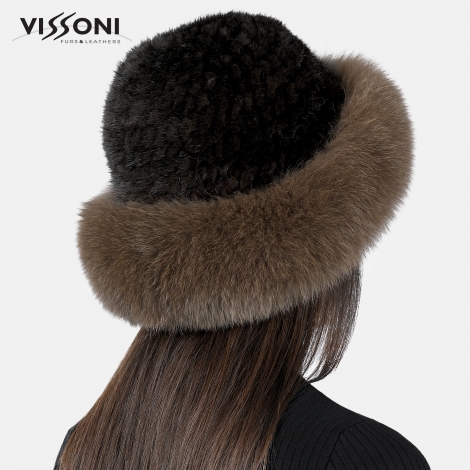 Дамска шапка от естествен косъм на норка с борд от лисица - Махагон