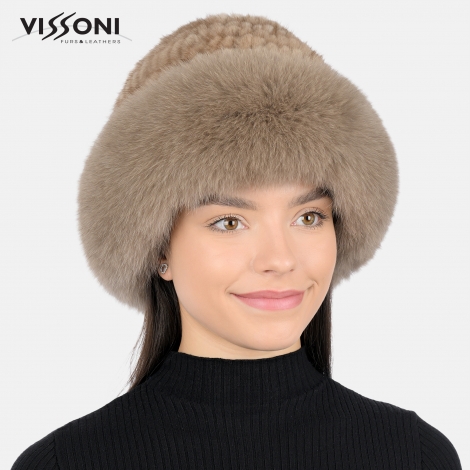 Дамска шапка от естествен косъм на норка с борд от лисица - Пастел