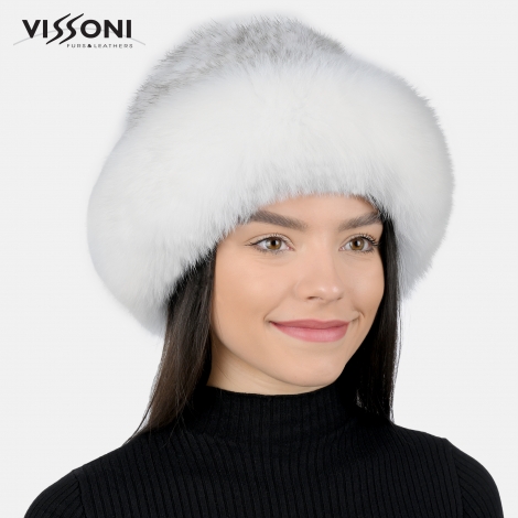 Дамска шапка от естествен косъм на норка с борд от лисица - White