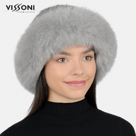Дамска шапка от естествен косъм на норка с борд от лисица - Сива