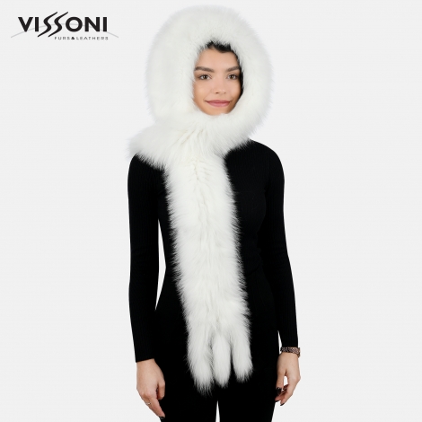 Дамска качулка-шал от естествен косъм на лисица - Бяла