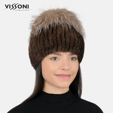 Дамска шапка от естествен косъм на норка Махагон с помпон от лисица Krystal