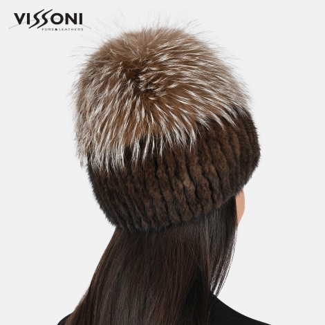 Дамска шапка от естествен косъм на норка Махагон с помпон от лисица Krystal