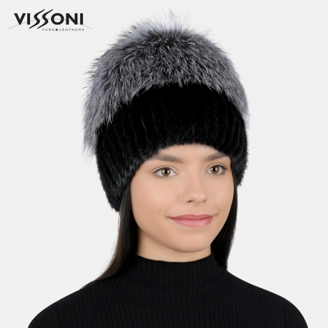 Дамска шапка от естествен косъм на норка Черна с помпон от Сребърна лисица