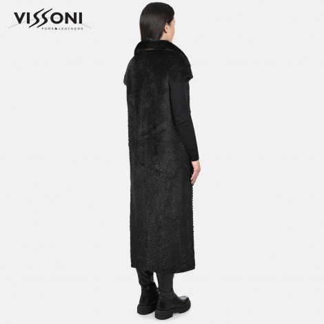 Дамска дълга жилетка от естествен косъм Норка - Махагон