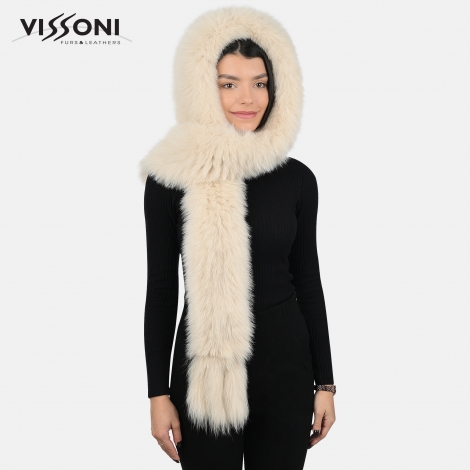 Дамска качулка-шал от естествен косъм на лисица - Бежова