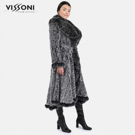 Дамско палто плетиво от естествен косъм Rex Chinchilla с акценти от лисица - Ice Grey