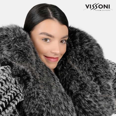 Дамско палто плетиво от естествен косъм Rex Chinchilla с акценти от лисица - Ice Grey