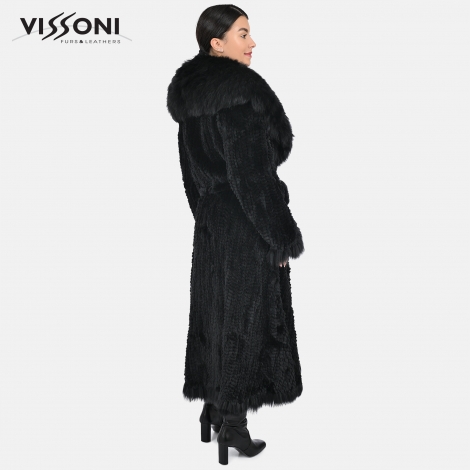 Дамска палто плетиво от естествен косъм Rex Chinchilla с акценти от лисица - Black