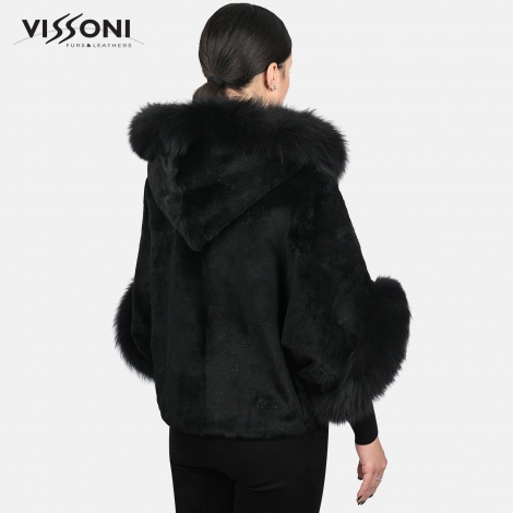 Дамско палто от висококачесвен Испански заек с акценти от лисица - Черно