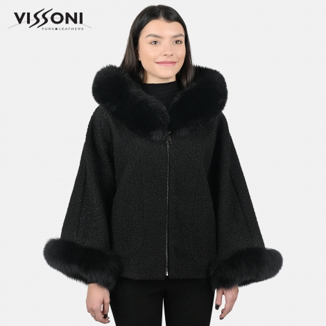 Дамска елегантна пелерина от Алпака с акценти от лисица - Черна