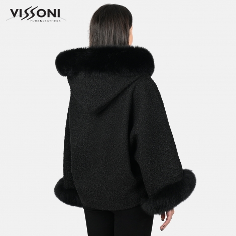 Дамска елегантна пелерина от Алпака с акценти от лисица - Черна