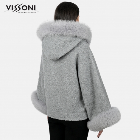 Дамска елегантна пелерина от Алпака с акценти от лисица - Сив