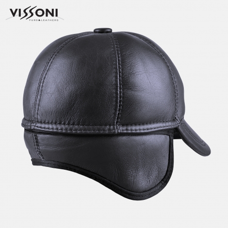 Мъжка кожена шапка от агнешка тула - Тъмно синя