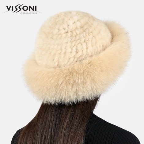 Дамска шапка от естествен косъм на норка с борд от лисица - Паломино