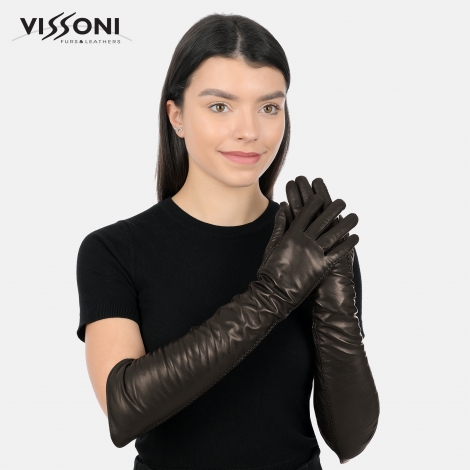 Дълги кожени ръкавици с два декоративни шева - Кафяв