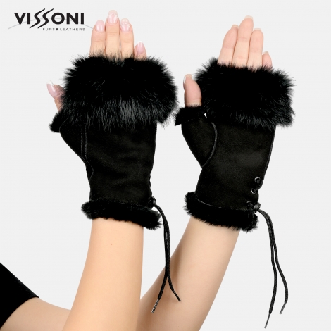 Дамски ръкавици без пръсти от естествена агнешка кожа - Черни