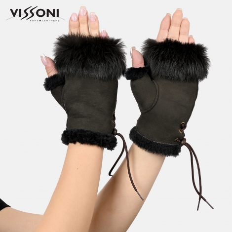 Дамски ръкавици без пръсти от естествена агнешка кожа - Кафяви