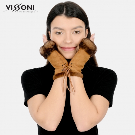 Дамски ръкавици без пръсти от естествена агнешка кожа - Таба